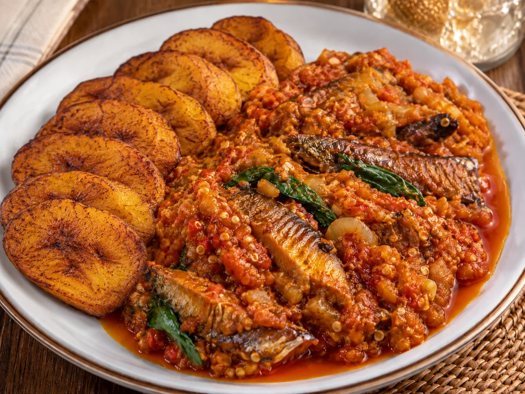 Garden egg sauce with roasted plantain on a dinner plate